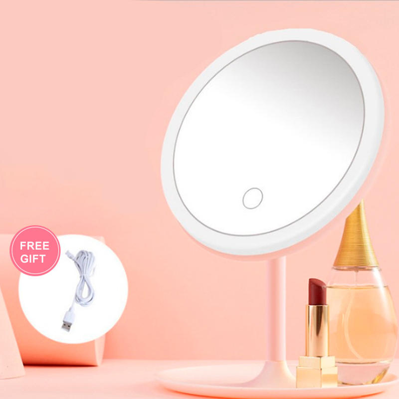 Espejo de maquillaje de mesa giratoria con luz LED rosa con base