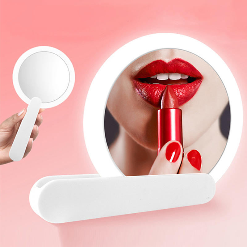 Espejo de maquillaje redondo con carga USB y luz LED con asa plegable