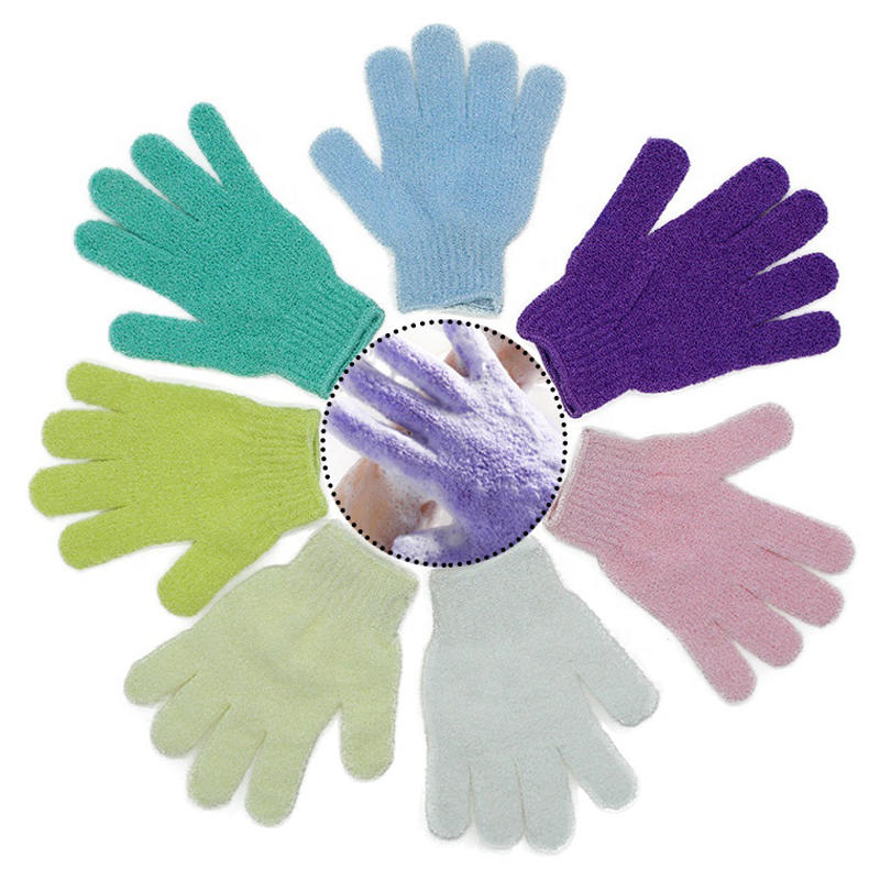 Guante de baño exfoliante de cinco dedos de color sólido de nailon para masaje y exfoliación corporal