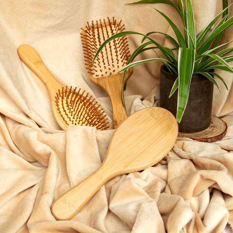 Juego de 3 uds de cepillo de pelo de masaje con paleta y cojín de bambú natural