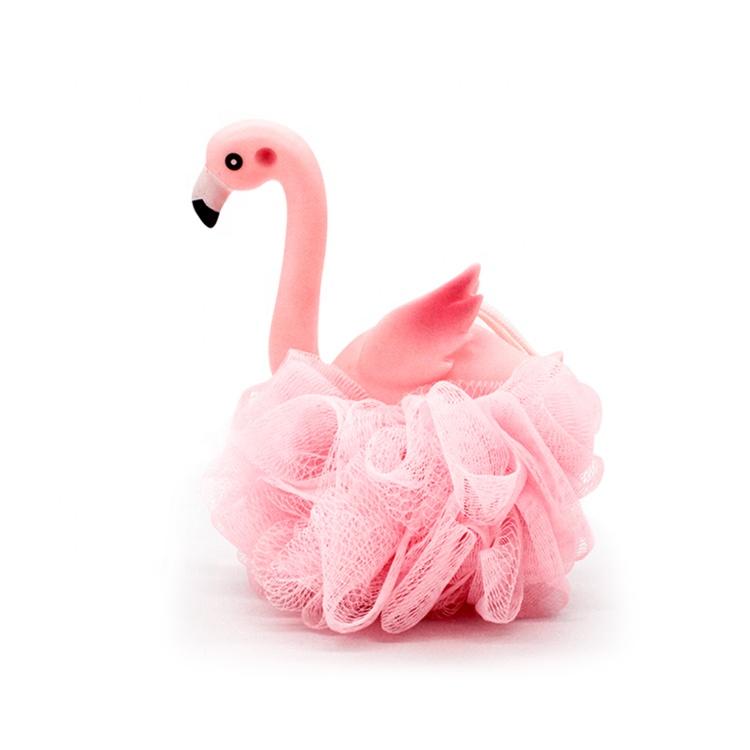 Pelota de baño para bebé exfoliante con flamenco rosa suave y malla de PE