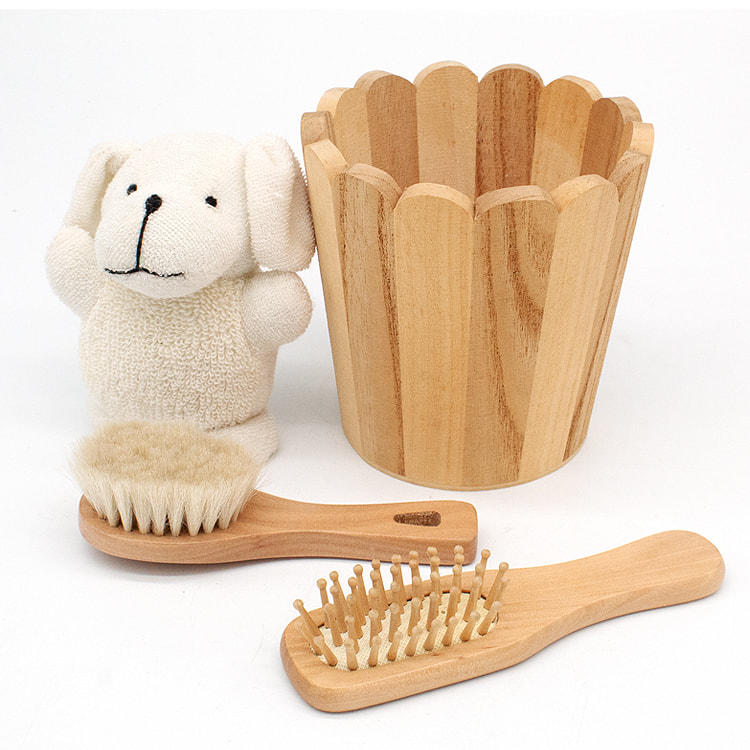 Cepillo de baño de lana suave cepillo de pelo de madera lindo cachorro de dibujos animados muñeca barril de madera baño juegos de regalo para bebé