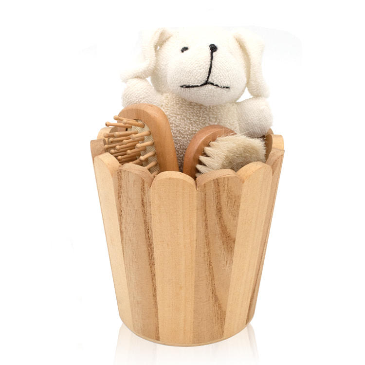 Cepillo de baño de lana suave cepillo de pelo de madera lindo cachorro de dibujos animados muñeca barril de madera baño juegos de regalo para bebé