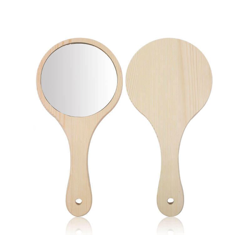 Espejo de mango de maquillaje de mano redondo de madera maciza con LOGOTIPO personalizado