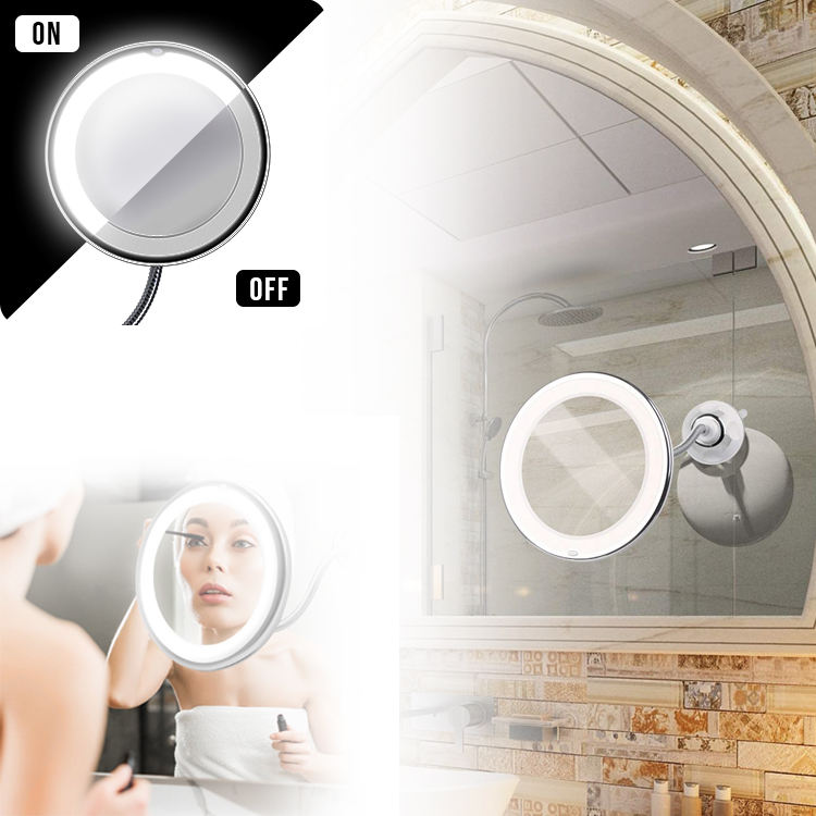 Espejo de maquillaje con ventosa para baño redondo con ventosa para manguera con luz LED