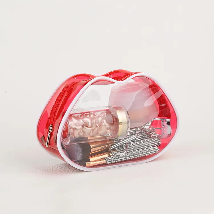 Bolsa de almacenamiento de organizador de maquillaje transparente de PVC en forma de labio rojo