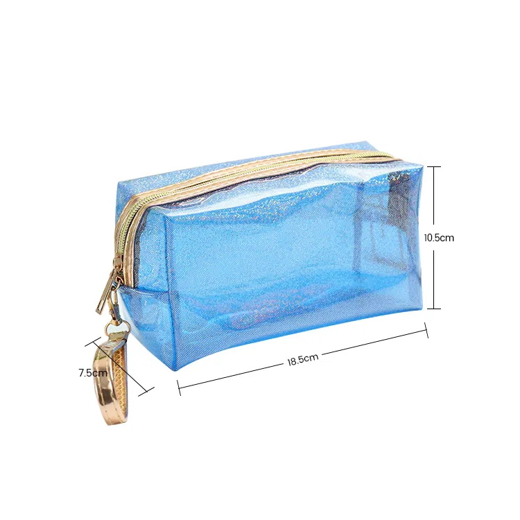 Estuche de bolsa de maquillaje transparente de PVC con láser de gran capacidad con asa