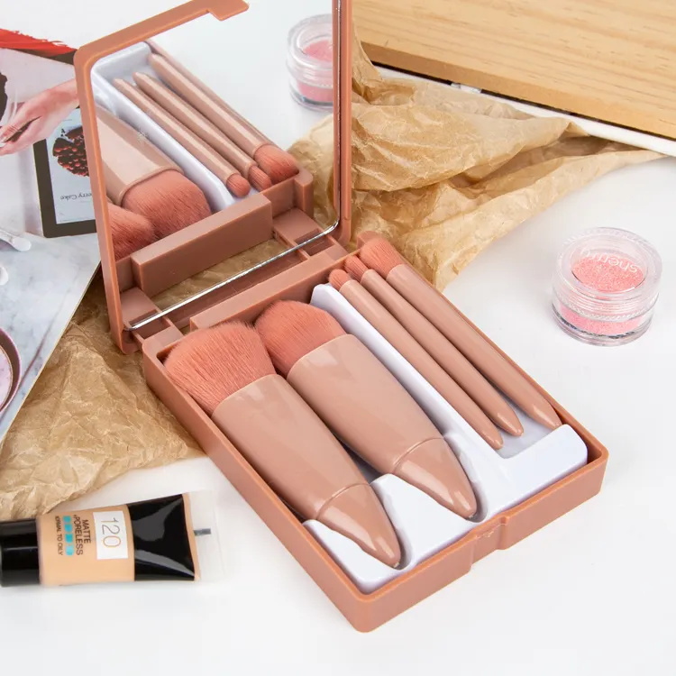 Juego de brochas de maquillaje multifuncional de 5 piezas portátil con espejo