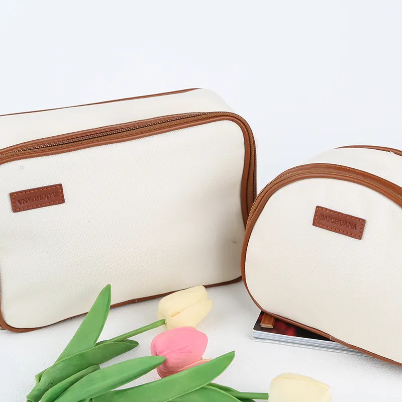 Bolsa de cosméticos de lona rectangular oblonga portátil con cremallera